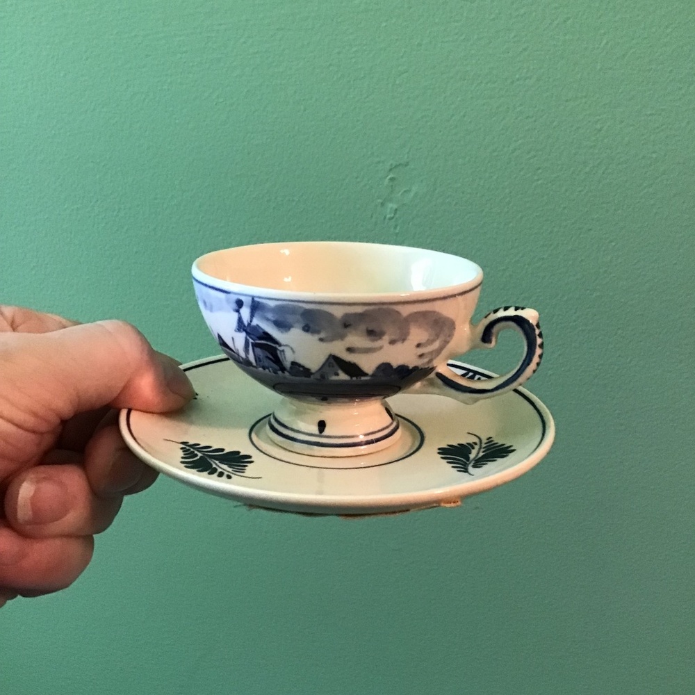 Delft Blue Hand Painted Holland Teacup Saucer Landscape Windmill Scenic‎ Vintage
